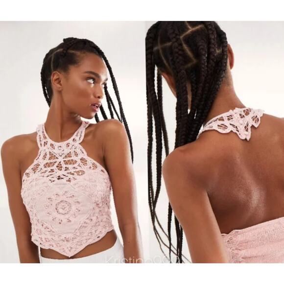 New Free People Batting My Eyes Crochet Lace Halter Crop Top XS Pink Boho - Picture 2 of 8